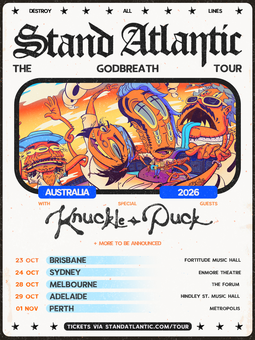 Stand Atlantic "The Godbreath Tour" 2026 Australian tour poster with special guests Knuckle Puck, featuring colourful cartoon art and dates.